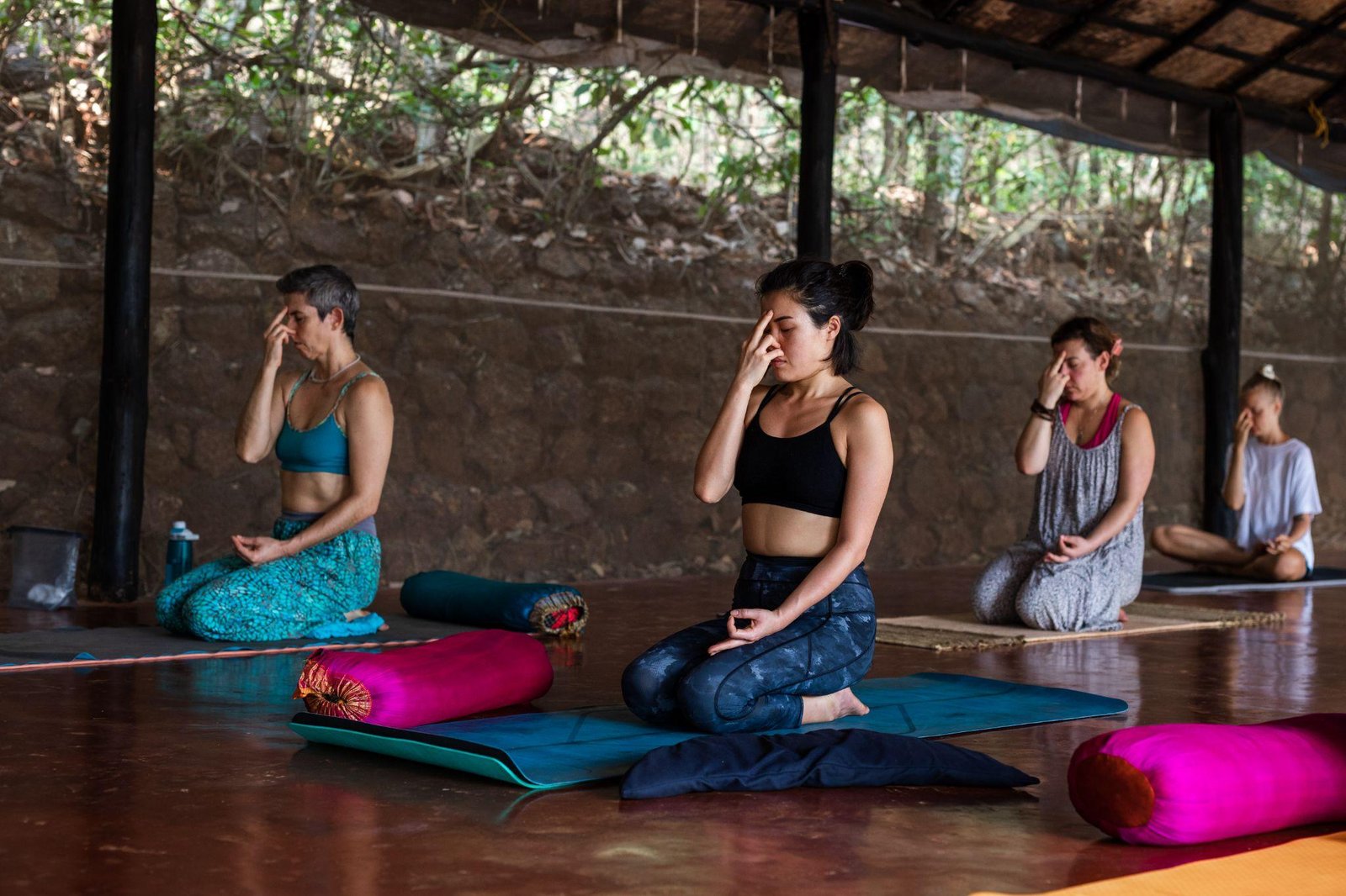 Seated pranayama and meditation practice in the SWAN shala, Assagao, Goa