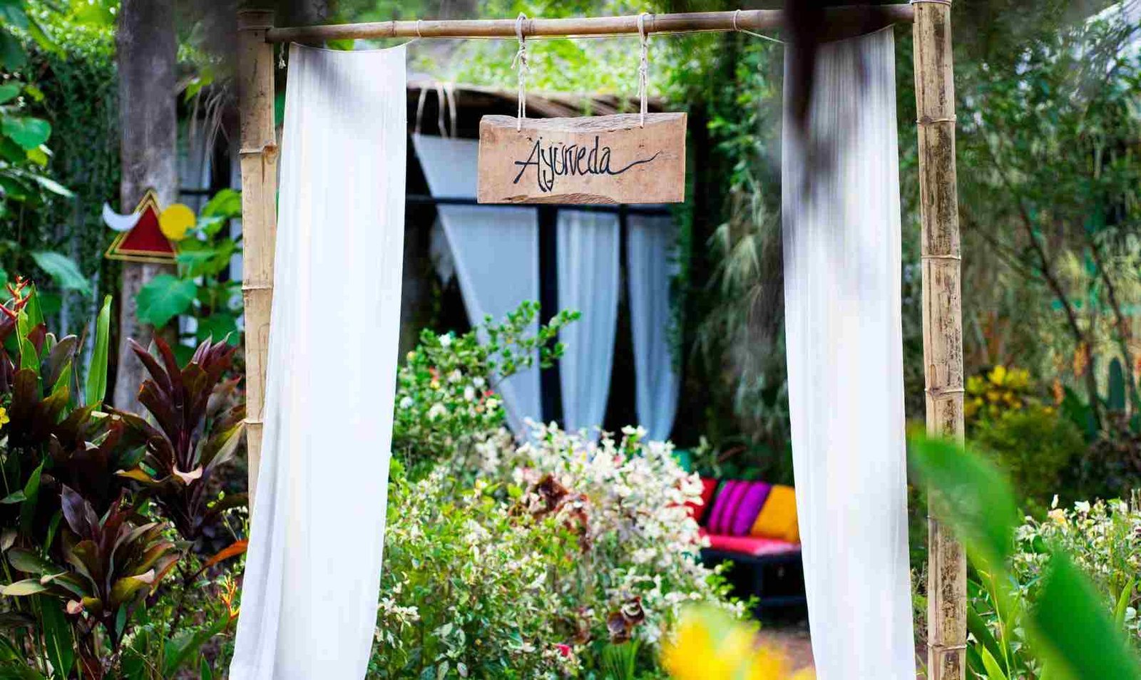 The Ayurveda entrance at SWAN Yoga Retreat, set among the garden